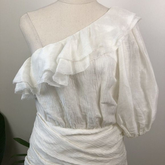 Aje Elvire Silk White Mini Dress Size 8 One Shoulder Ruffle Short Formal Party - Picture 4 of 10